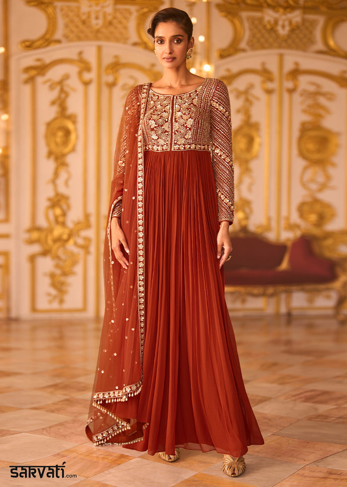 Amber Rust Orange Georgette Anarkali Suit with Radiant Zari & Sequins