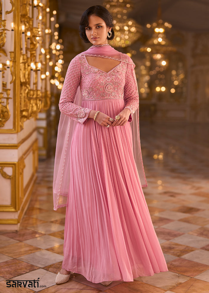 Creamy Pink Georgette Anarkali Suit with Radiant Zari & Sequins