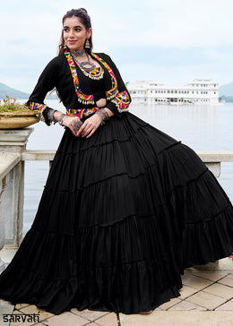 Jet Black Rayon Navratri Lehenga Set with Gamthi Work and Mirror Detailing