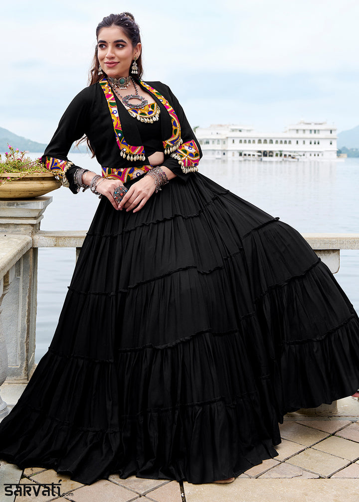 Jet Black Rayon Navratri Lehenga Set with Gamthi Work and Mirror Detailing