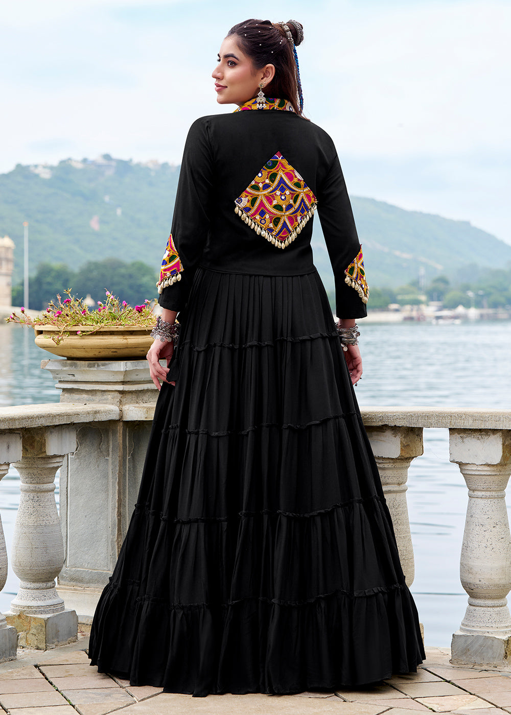 Jet Black Rayon Navratri Lehenga Set with Gamthi Work and Mirror Detailing