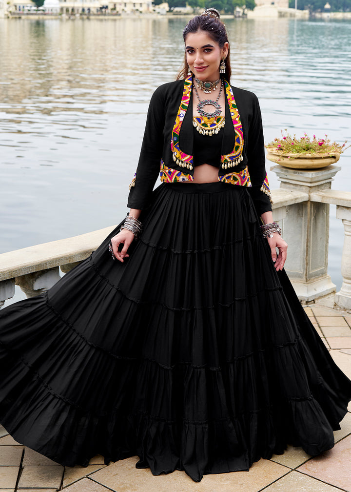 Jet Black Rayon Navratri Lehenga Set with Gamthi Work and Mirror Detailing