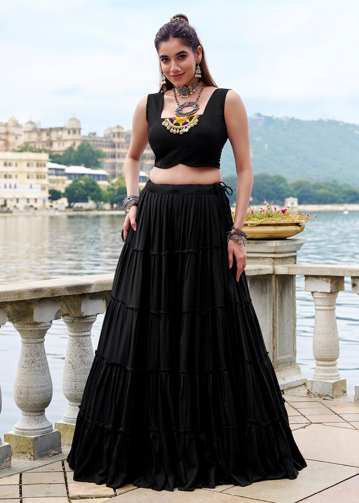 Jet Black Rayon Navratri Lehenga Set with Gamthi Work and Mirror Detailing