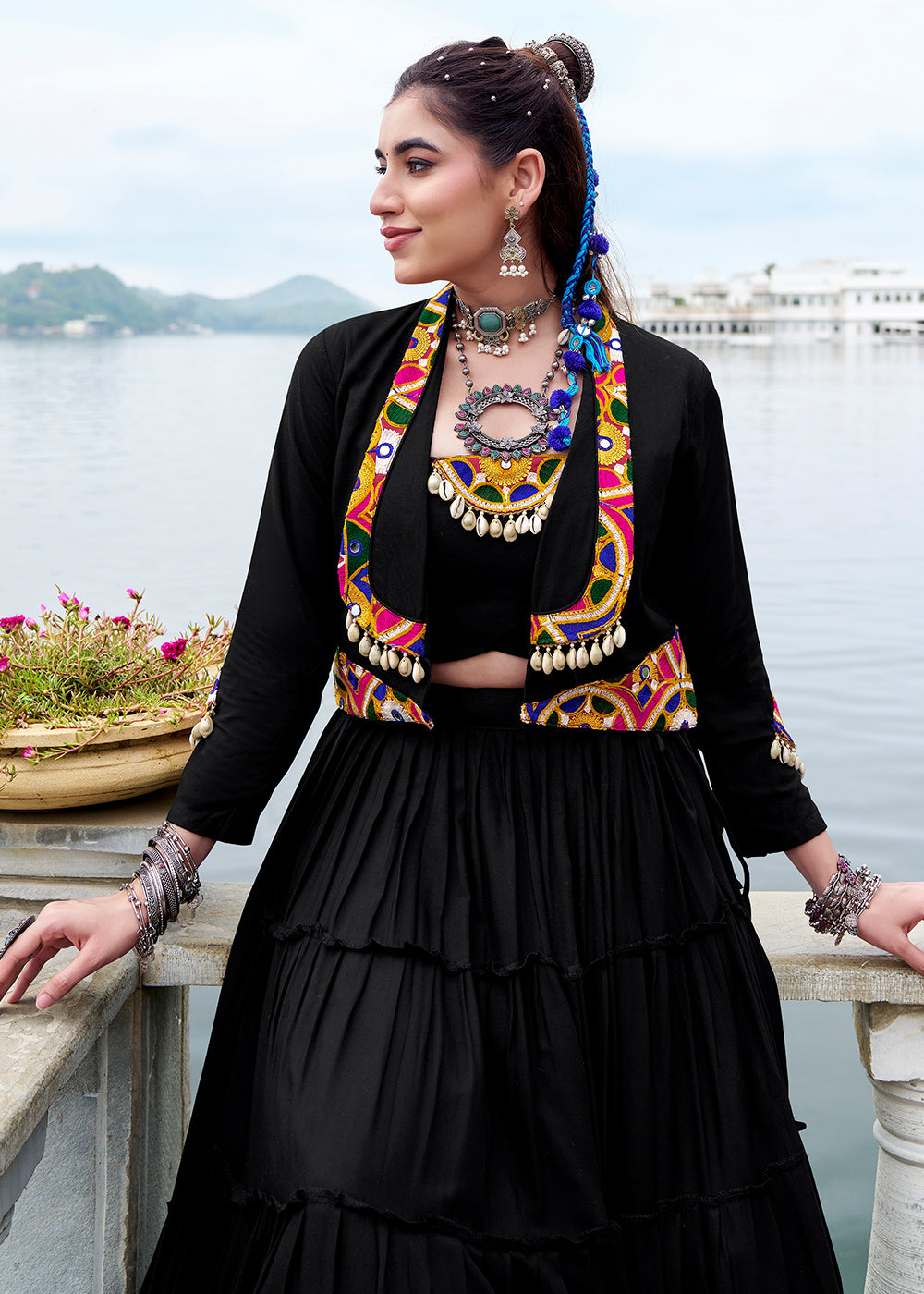 Jet Black Rayon Navratri Lehenga Set with Gamthi Work and Mirror Detailing