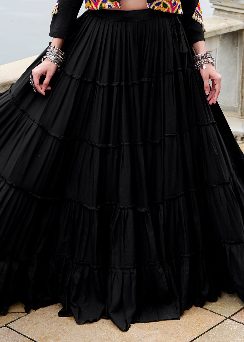 Jet Black Rayon Navratri Lehenga Set with Gamthi Work and Mirror Detailing