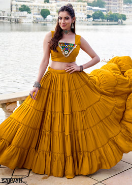 Mustard Yellow Rayon Navratri Lehenga Set with Gamthi Work and Mirror Detailing