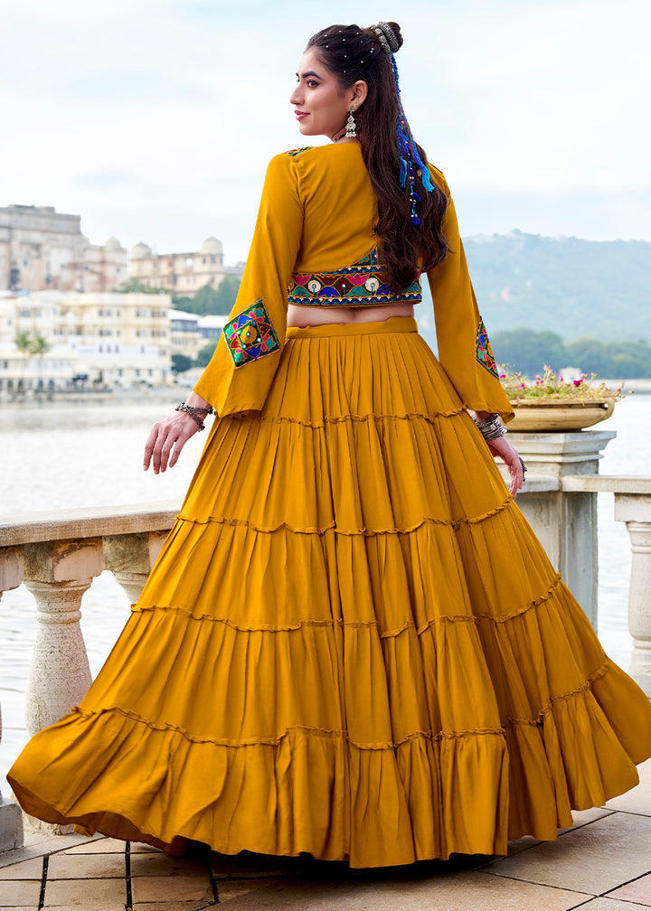 Mustard Yellow Rayon Navratri Lehenga Set with Gamthi Work and Mirror Detailing