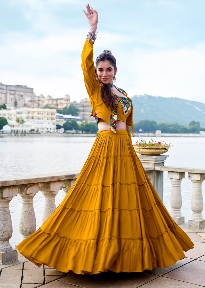 Mustard Yellow Rayon Navratri Lehenga Set with Gamthi Work and Mirror Detailing