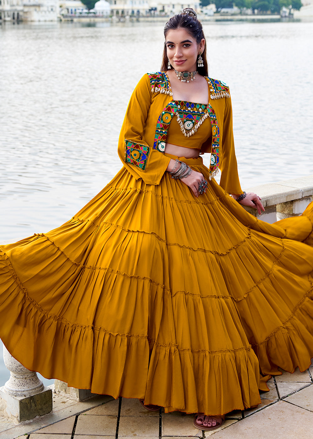 Mustard Yellow Rayon Navratri Lehenga Set with Gamthi Work and Mirror Detailing