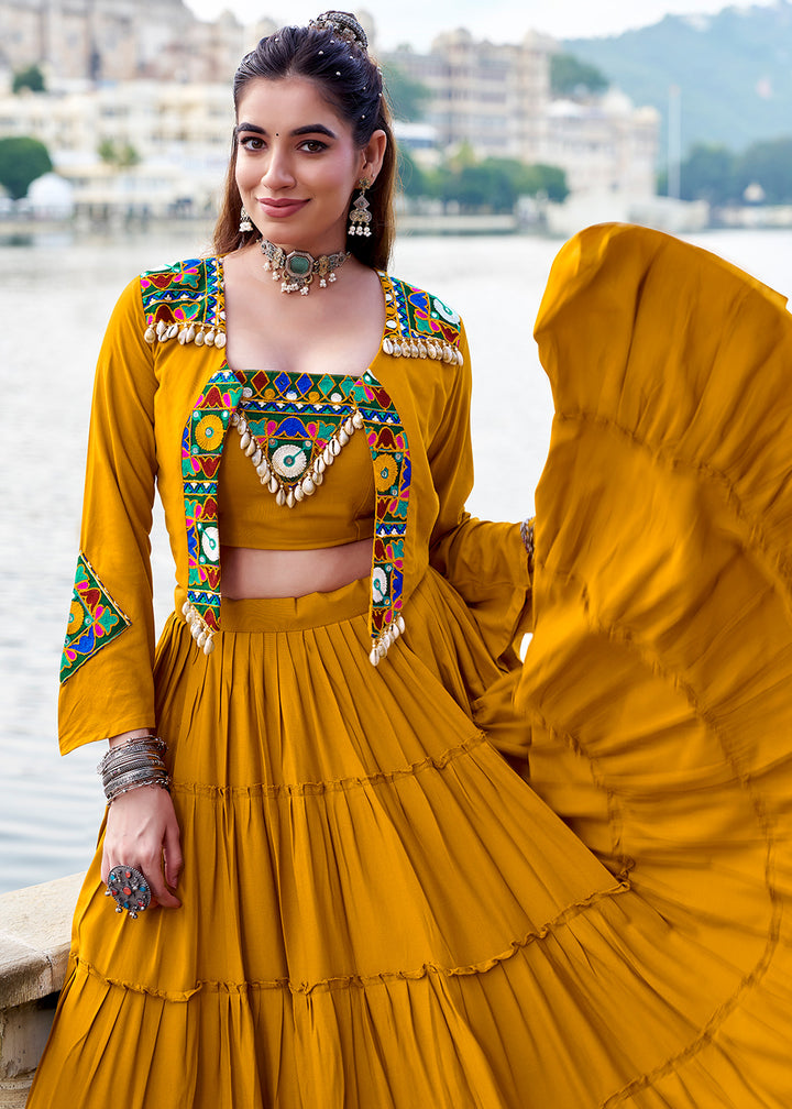 Mustard Yellow Rayon Navratri Lehenga Set with Gamthi Work and Mirror Detailing