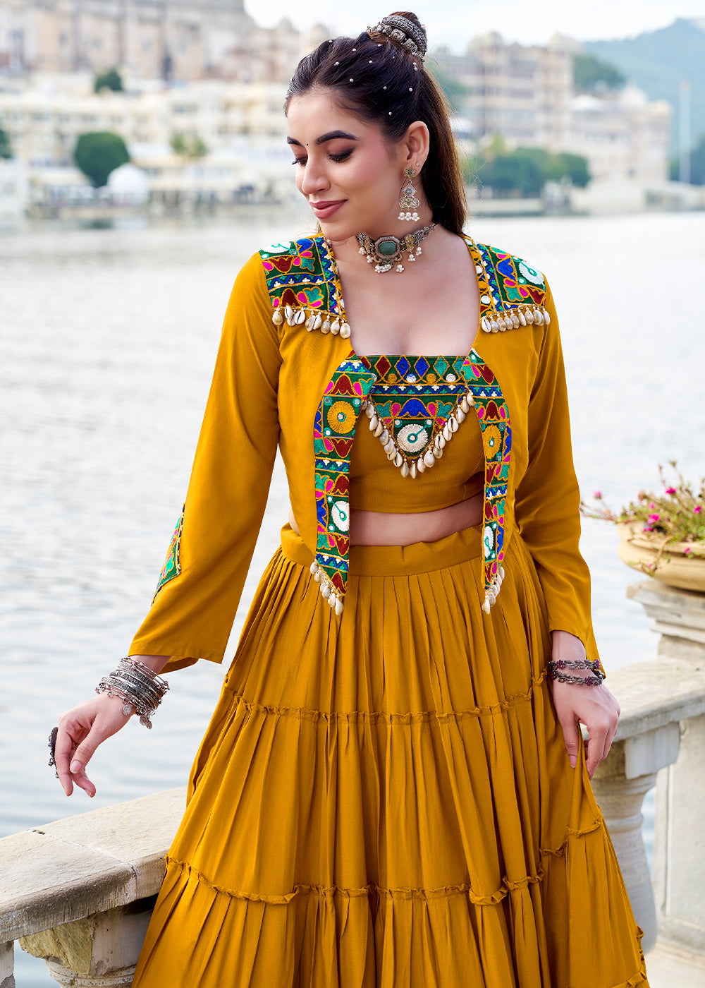 Mustard Yellow Rayon Navratri Lehenga Set with Gamthi Work and Mirror Detailing