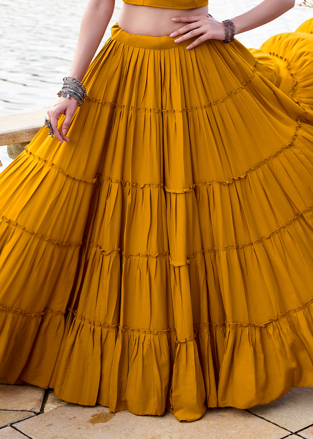 Mustard Yellow Rayon Navratri Lehenga Set with Gamthi Work and Mirror Detailing