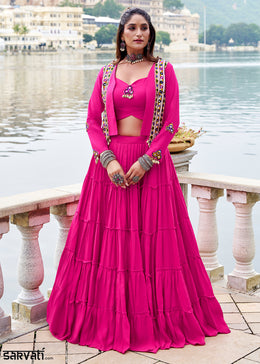 Hot Pink Rayon Navratri Lehenga Set with Gamthi work and Mirror Detailing
