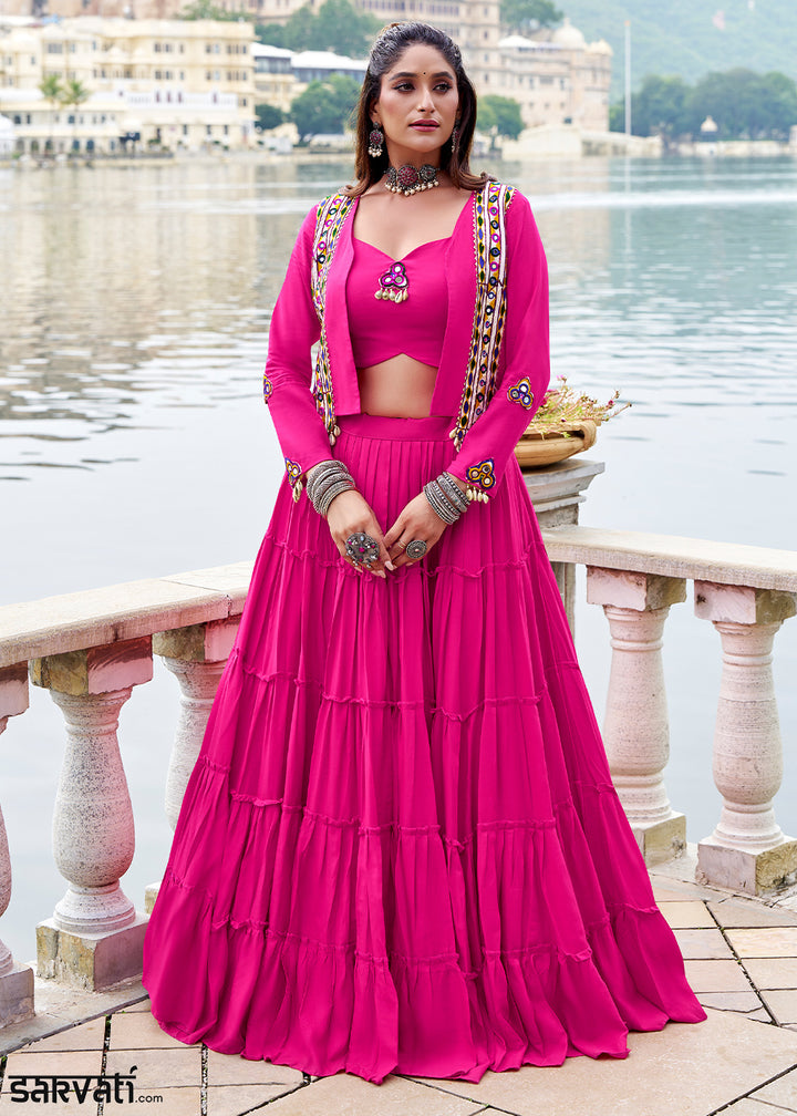 Hot Pink Rayon Navratri Lehenga Set with Gamthi work and Mirror Detailing