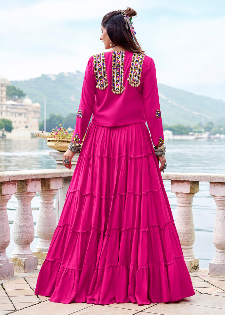 Hot Pink Rayon Navratri Lehenga Set with Gamthi work and Mirror Detailing