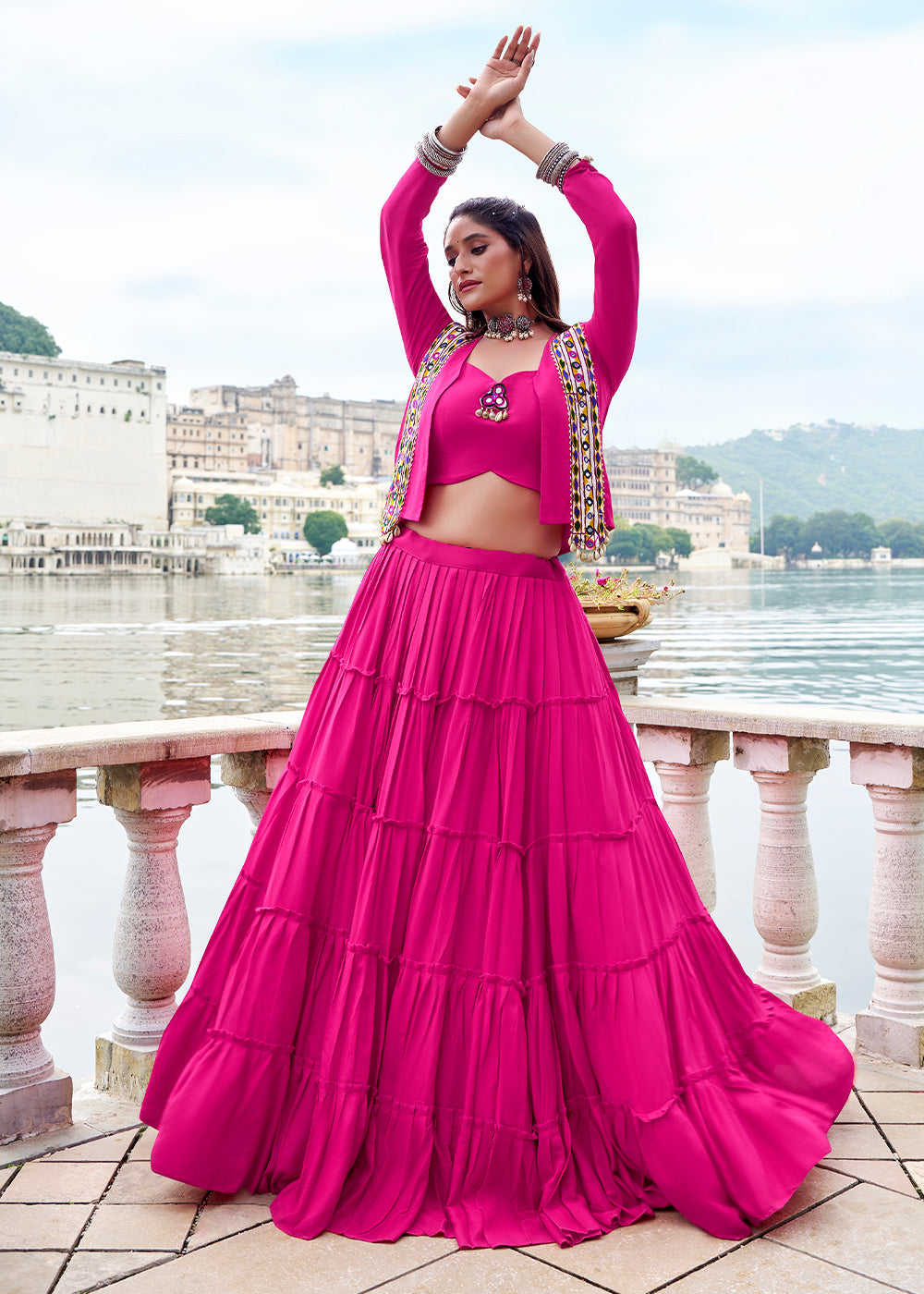 Hot Pink Rayon Navratri Lehenga Set with Gamthi work and Mirror Detailing