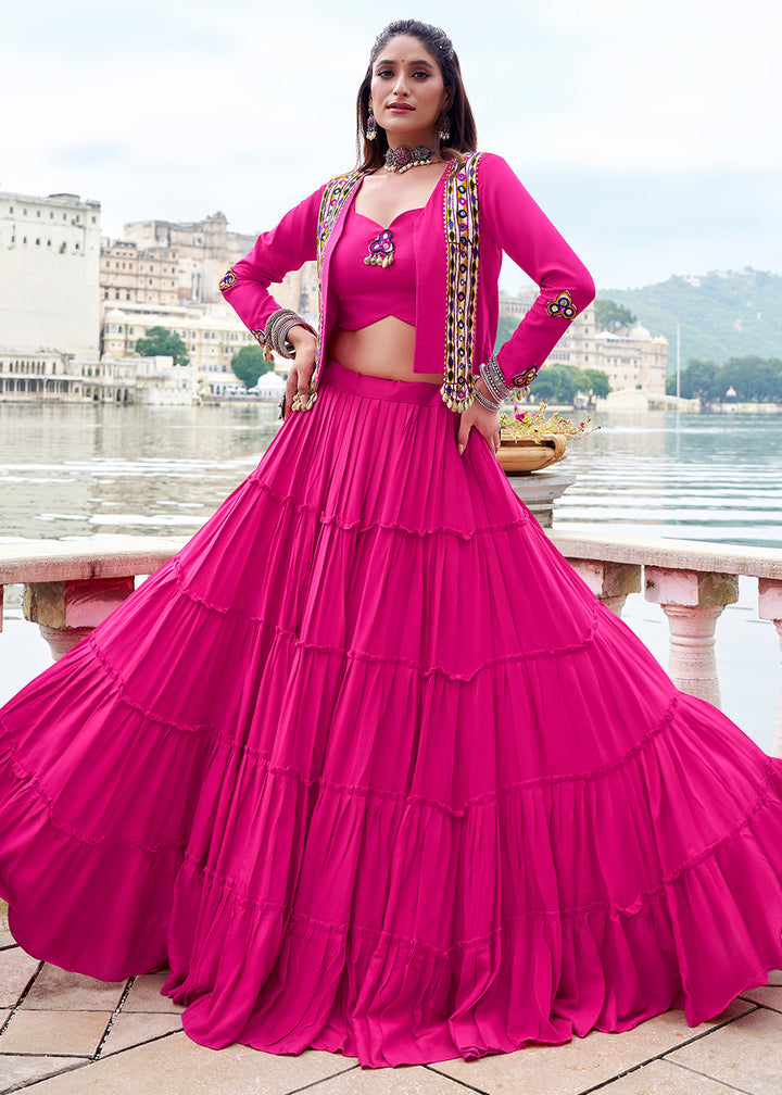 Hot Pink Rayon Navratri Lehenga Set with Gamthi work and Mirror Detailing