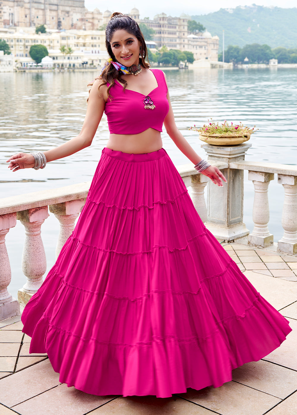 Hot Pink Rayon Navratri Lehenga Set with Gamthi work and Mirror Detailing