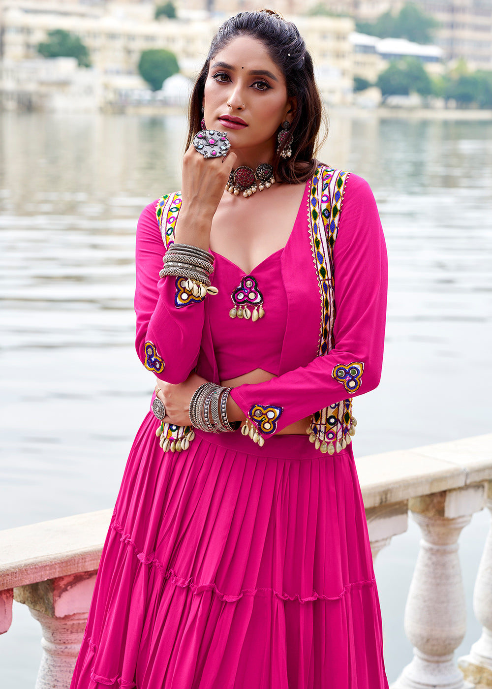 Hot Pink Rayon Navratri Lehenga Set with Gamthi work and Mirror Detailing
