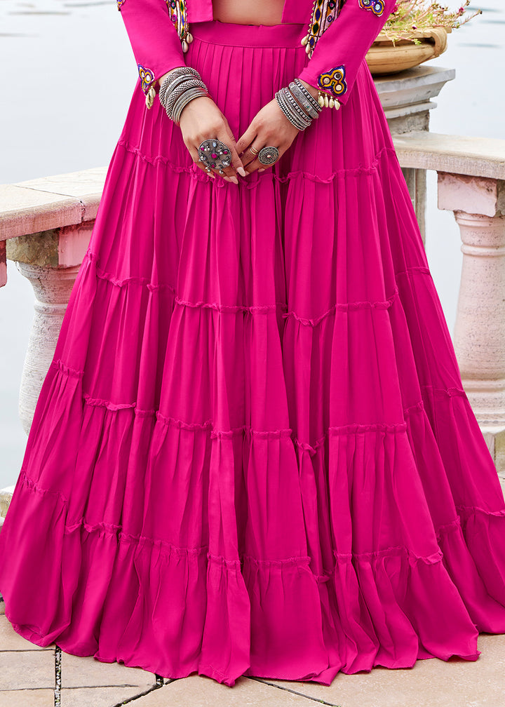 Hot Pink Rayon Navratri Lehenga Set with Gamthi work and Mirror Detailing