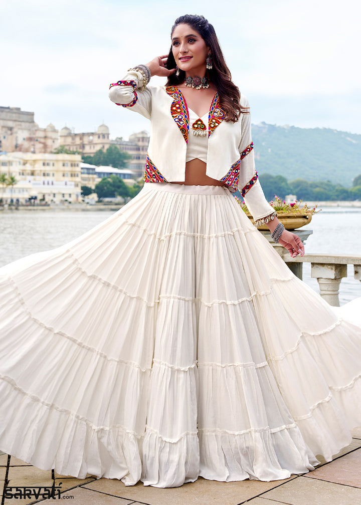 Ivory White Rayon Navratri Lehenga Set with Gamthi Work and Mirror Detailing