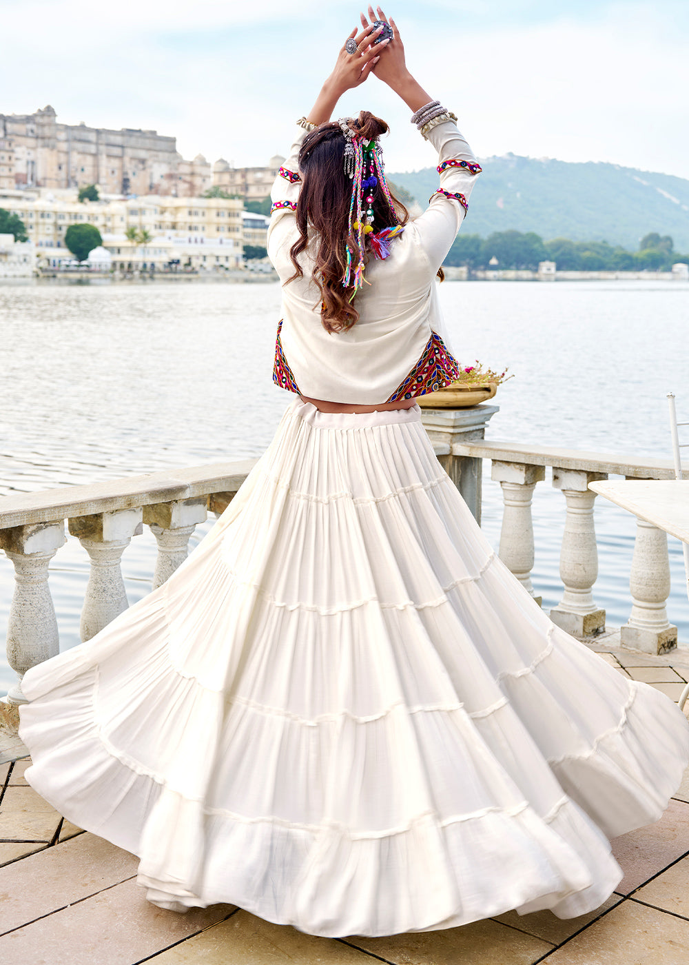 Ivory White Rayon Navratri Lehenga Set with Gamthi Work and Mirror Detailing
