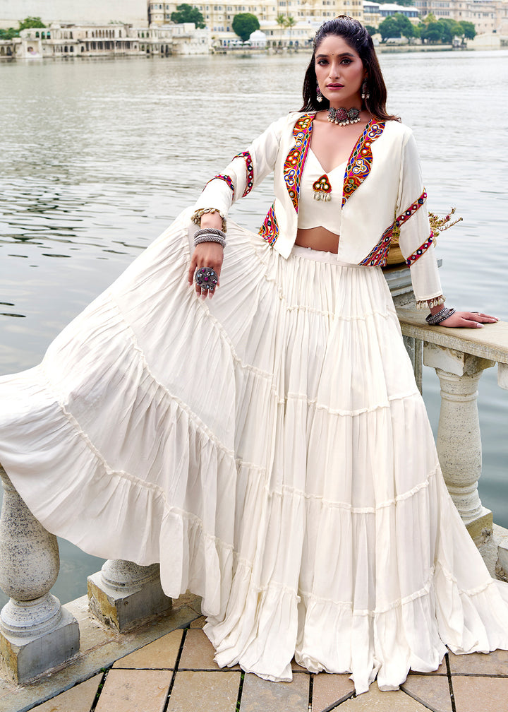 Ivory White Rayon Navratri Lehenga Set with Gamthi Work and Mirror Detailing