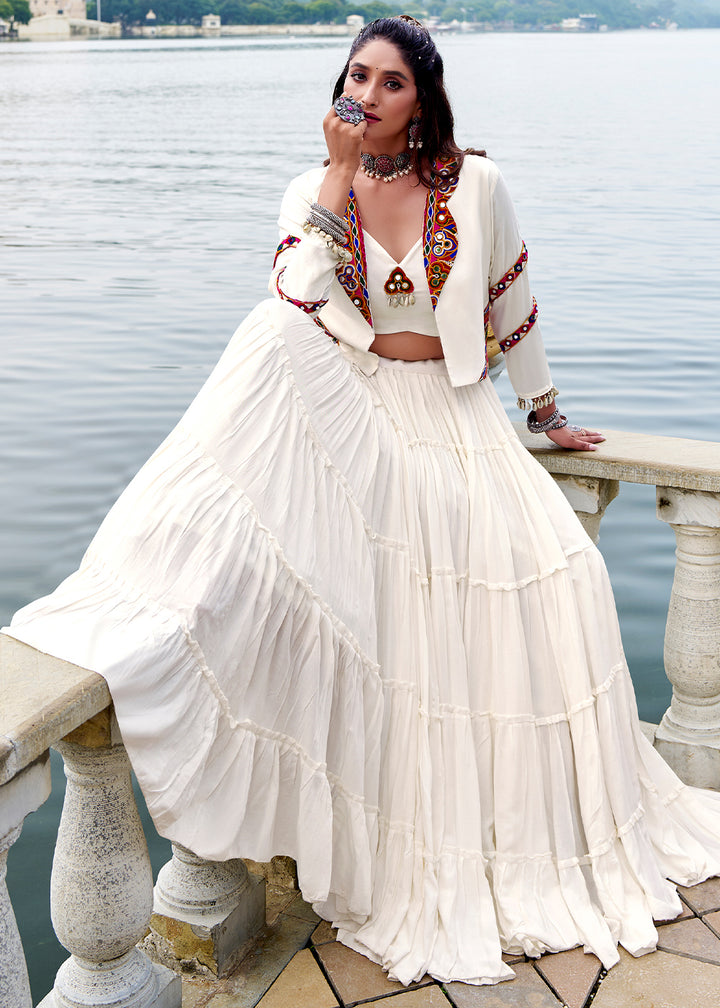 Ivory White Rayon Navratri Lehenga Set with Gamthi Work and Mirror Detailing