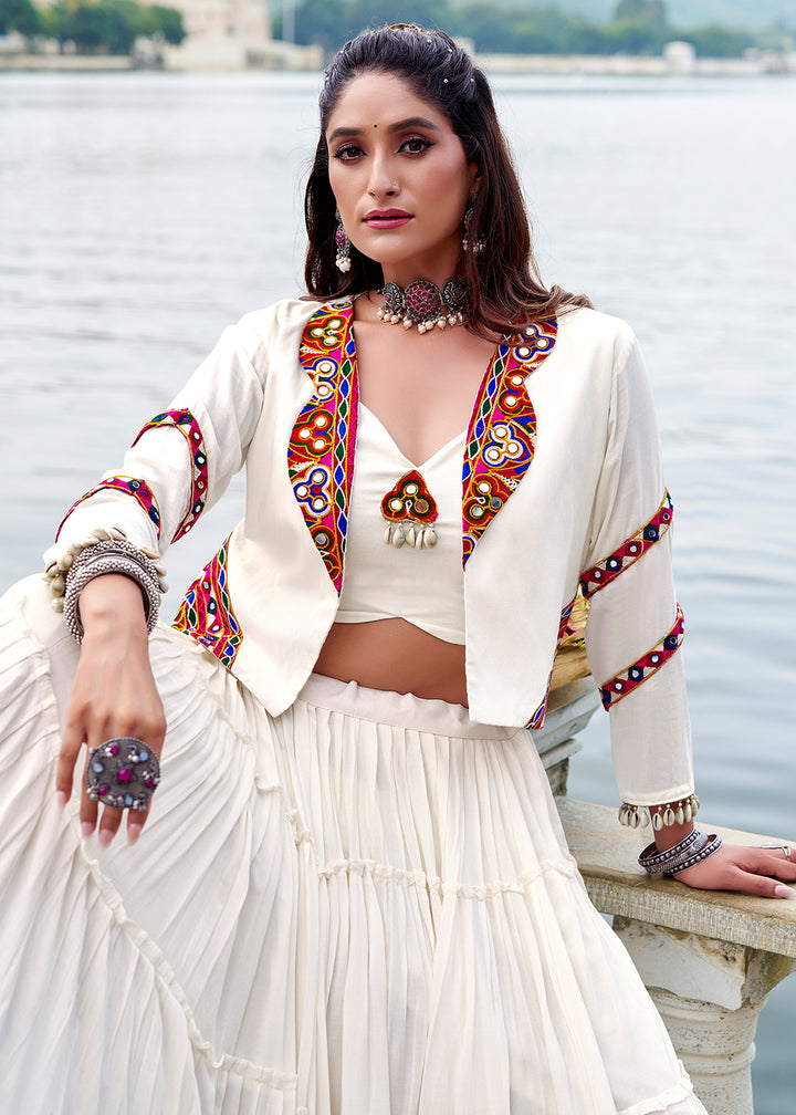 Ivory White Rayon Navratri Lehenga Set with Gamthi Work and Mirror Detailing