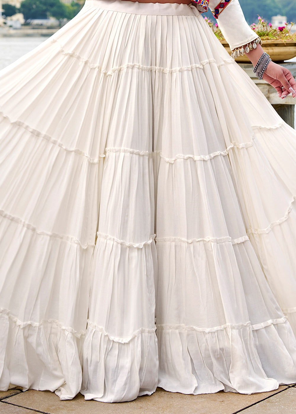 Ivory White Rayon Navratri Lehenga Set with Gamthi Work and Mirror Detailing