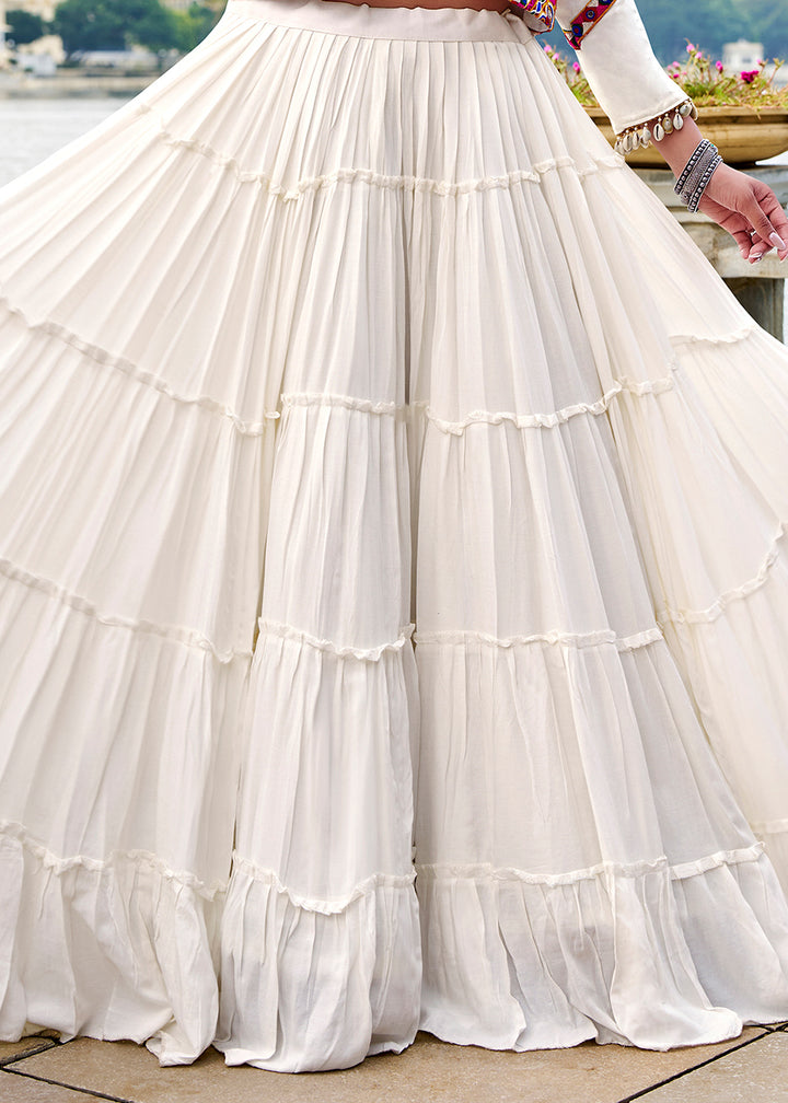Ivory White Rayon Navratri Lehenga Set with Gamthi Work and Mirror Detailing