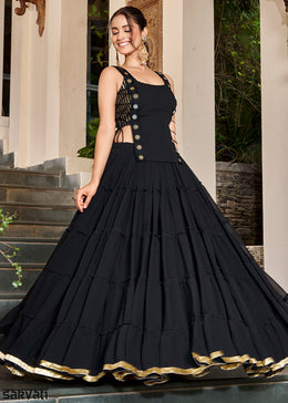 Midnight Black & Gold Georgette Navratri Lehenga Choli with Mirror-Detail Koti and Tassels