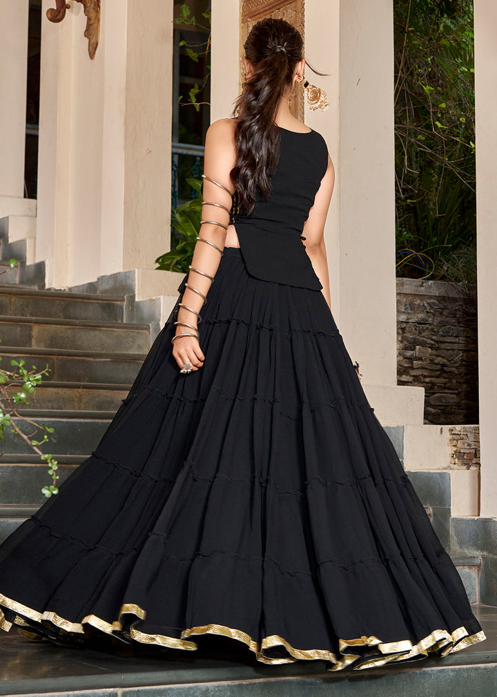 Midnight Black Georgette Navratri Lehenga Choli with Mirror-Detail Koti and Tassels