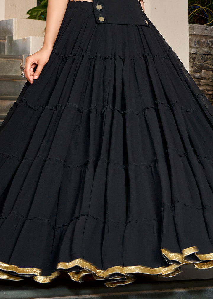 Midnight Black Georgette Navratri Lehenga Choli with Mirror-Detail Koti and Tassels