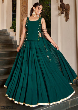 Forest Green & Gold Georgette Navratri Lehenga Choli with Mirror-Detail Koti and Tassels