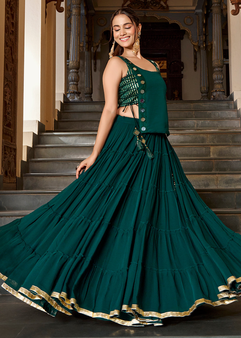 Forest Green &amp; Gold Georgette Navratri Lehenga Choli with Mirror-Detail Koti and Tassels