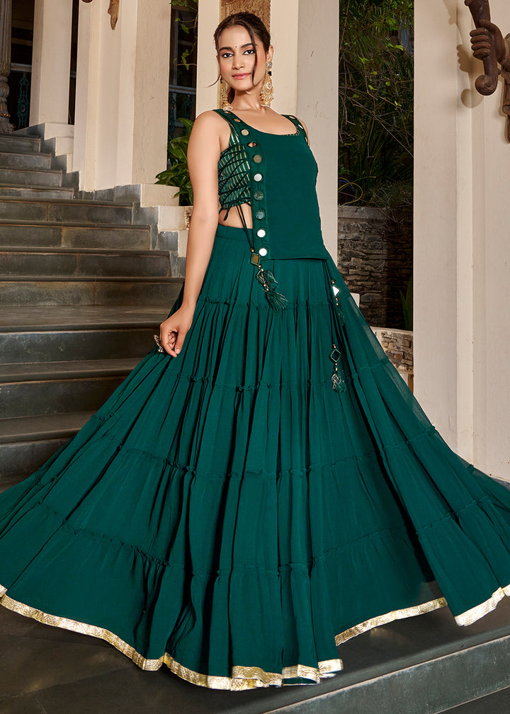 Forest Green &amp; Gold Georgette Navratri Lehenga Choli with Mirror-Detail Koti and Tassels