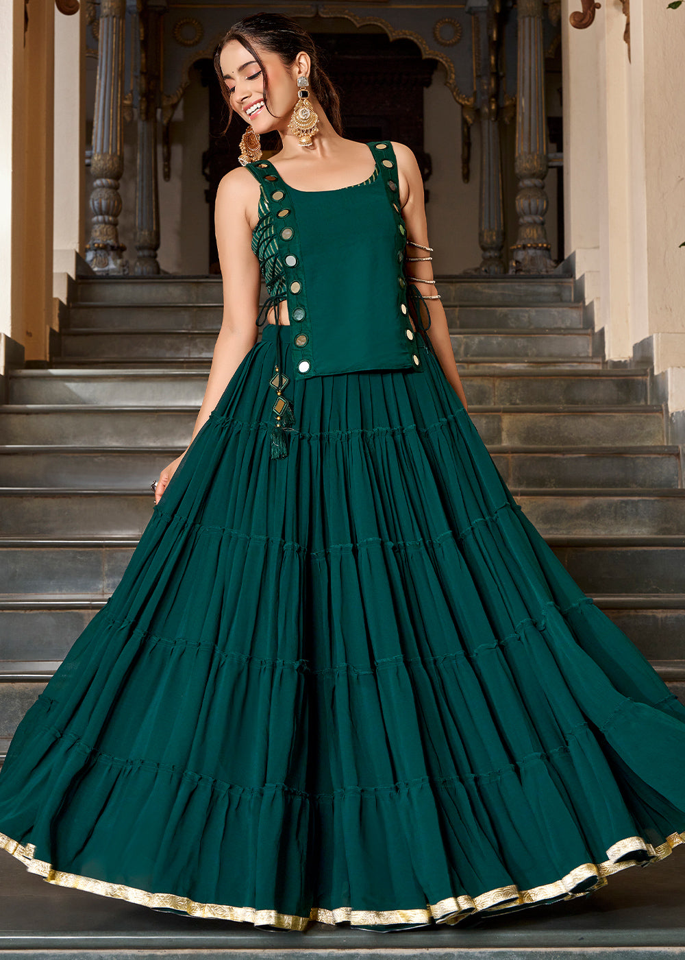 Forest Green &amp; Gold Georgette Navratri Lehenga Choli with Mirror-Detail Koti and Tassels