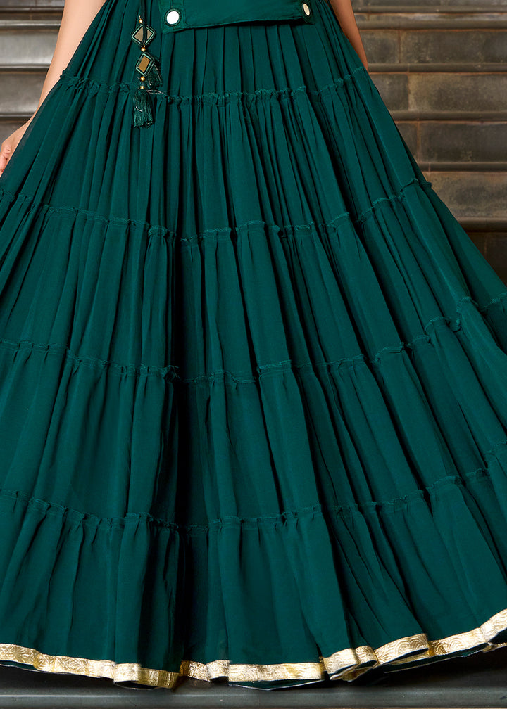 Forest Green &amp; Gold Georgette Navratri Lehenga Choli with Mirror-Detail Koti and Tassels