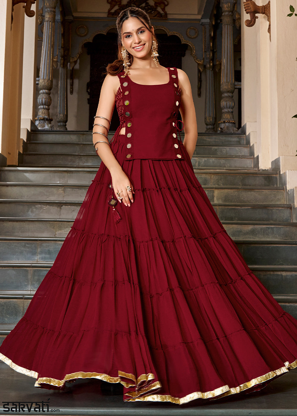 Maroon Red &amp; Gold Georgette Navratri Lehenga Choli with Mirror-Detail Koti and Tassels
