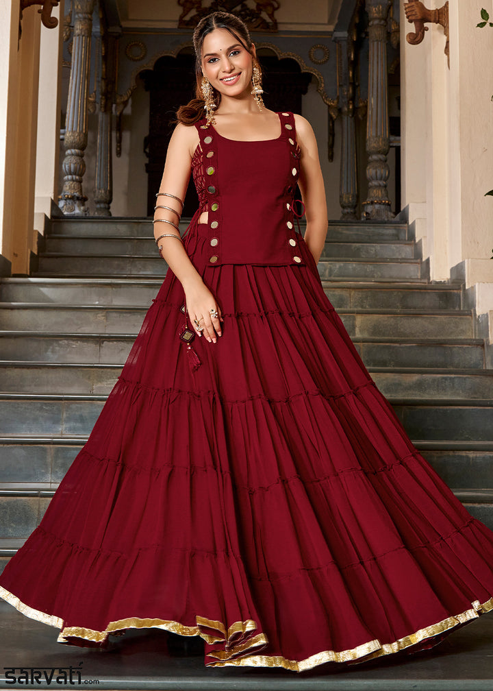 Maroon Red &amp; Gold Georgette Navratri Lehenga Choli with Mirror-Detail Koti and Tassels