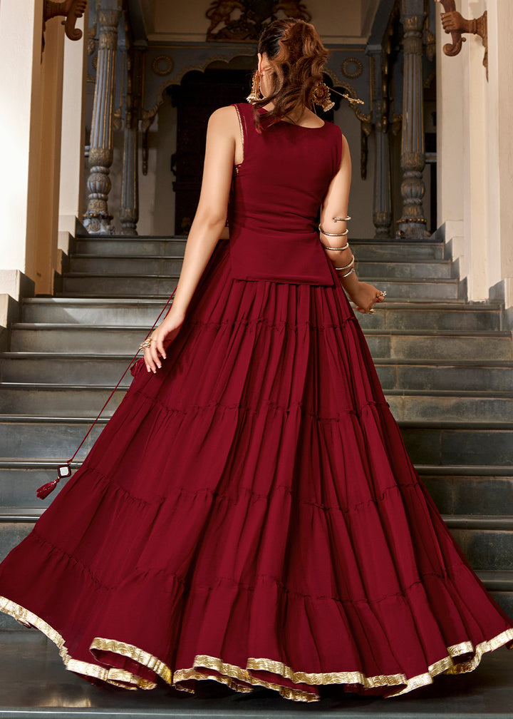 Maroon Red &amp; Gold Georgette Navratri Lehenga Choli with Mirror-Detail Koti and Tassels