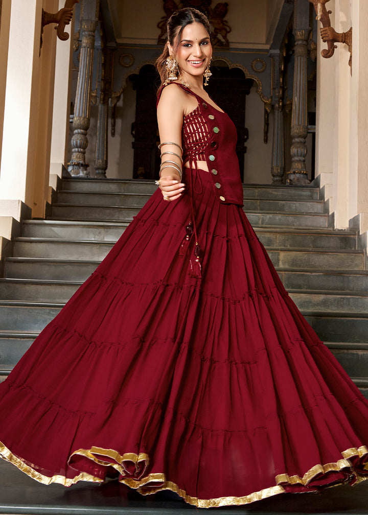 Maroon Red &amp; Gold Georgette Navratri Lehenga Choli with Mirror-Detail Koti and Tassels