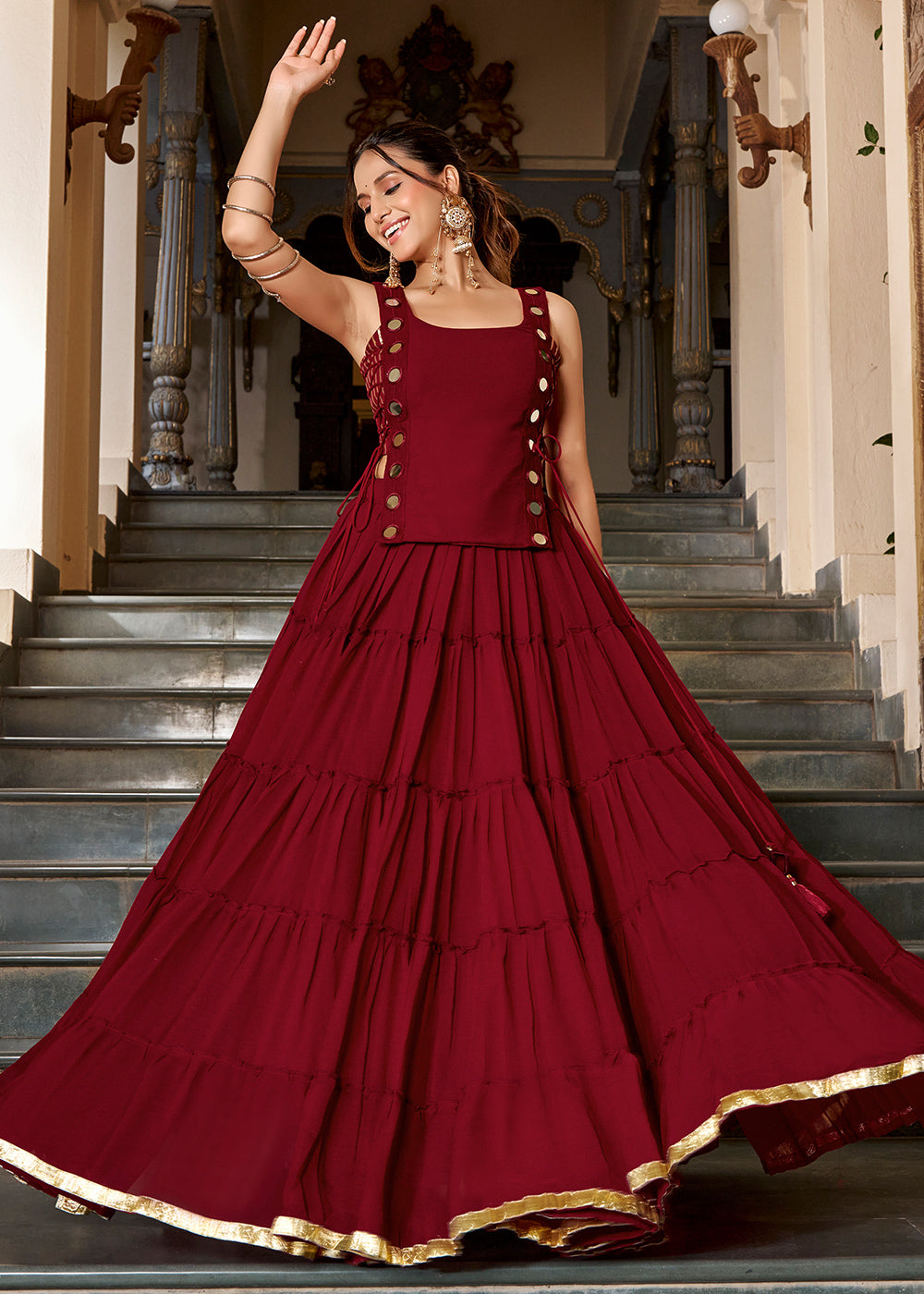 Maroon Red &amp; Gold Georgette Navratri Lehenga Choli with Mirror-Detail Koti and Tassels