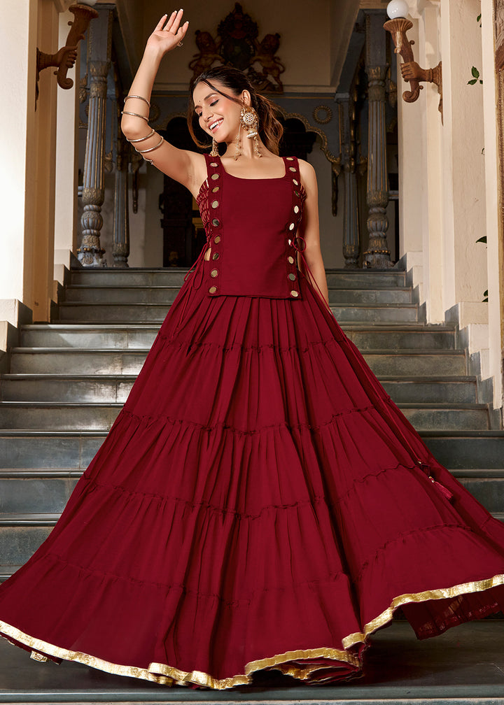 Maroon Red &amp; Gold Georgette Navratri Lehenga Choli with Mirror-Detail Koti and Tassels