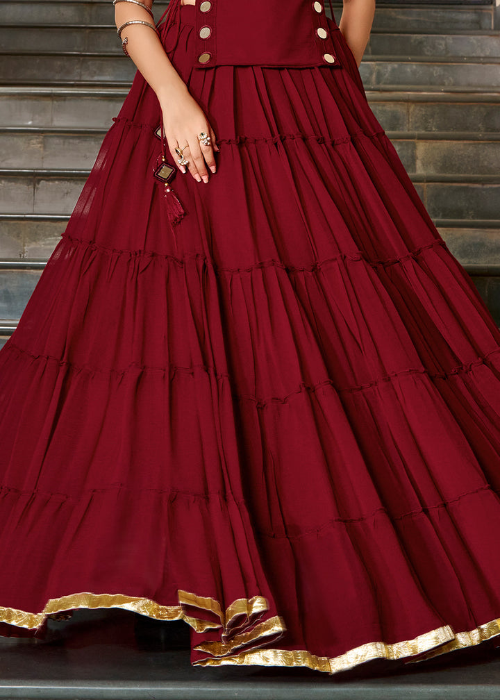 Maroon Red &amp; Gold Georgette Navratri Lehenga Choli with Mirror-Detail Koti and Tassels