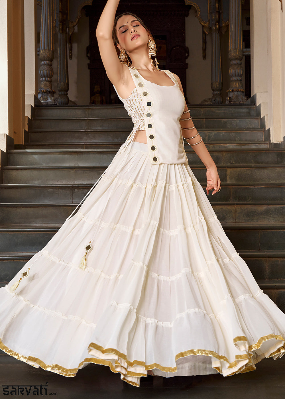Ivory White &amp; Gold Georgette Navratri Lehenga Choli with Mirror-Detail Koti and Tassels