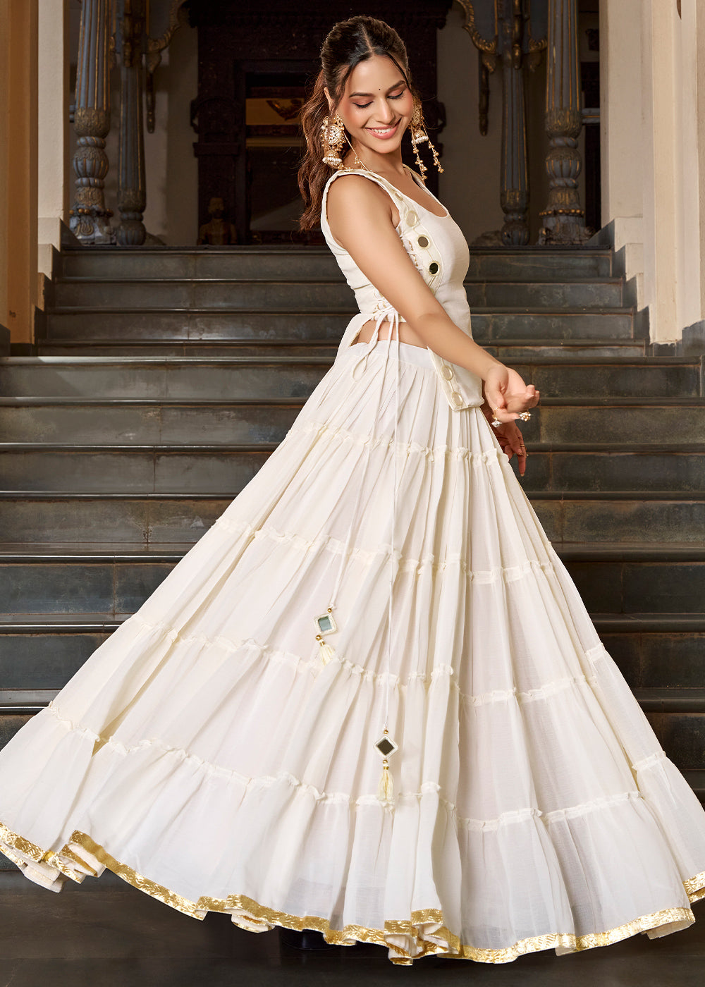 Ivory White &amp; Gold Georgette Navratri Lehenga Choli with Mirror-Detail Koti and Tassels