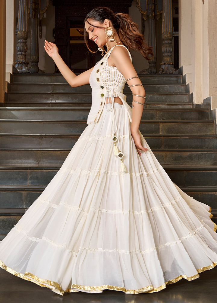 Ivory White &amp; Gold Georgette Navratri Lehenga Choli with Mirror-Detail Koti and Tassels
