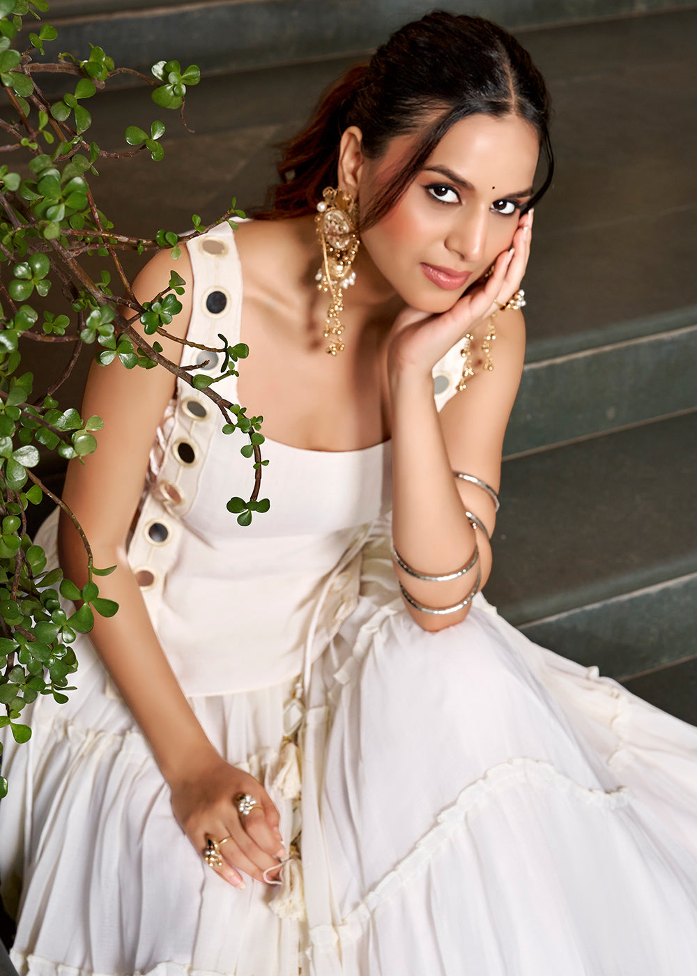 Ivory White &amp; Gold Georgette Navratri Lehenga Choli with Mirror-Detail Koti and Tassels